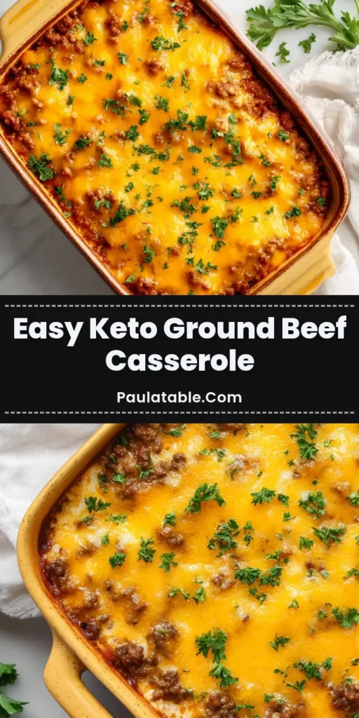 A rustic yellow ceramic baking dish filled with bubbling Keto Ground Beef Casserole, topped with melted golden-orange cheddar cheese and fresh parsley.