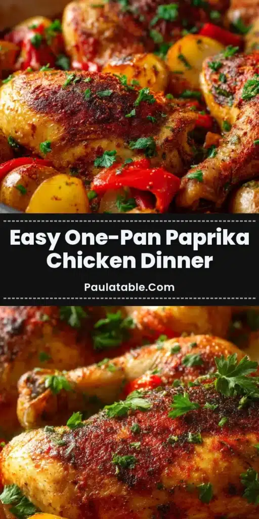 A close up view of a rustic One-Pan Paprika Chicken, featuring a whole roasted chicken with crispy skin, baby potatoes, and chunky red bell peppers garnished with parsley.