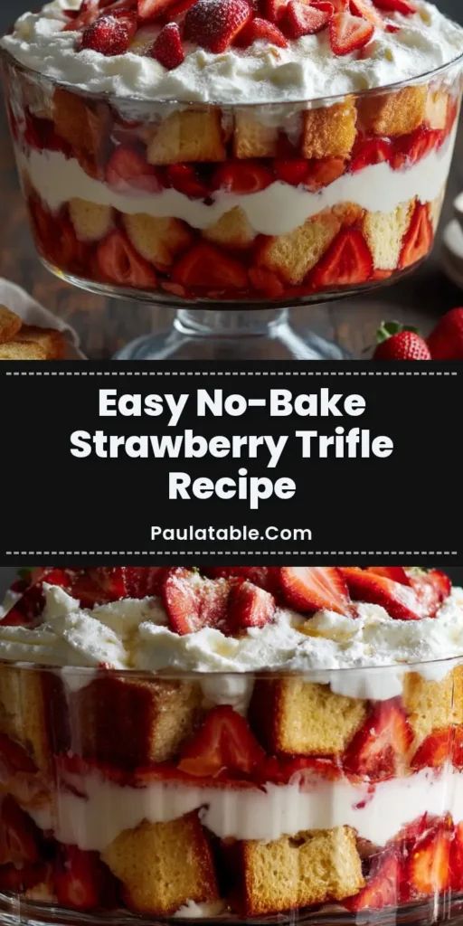A classic Strawberry Trifle presented in a large glass footed bowl, featuring distinct layers of cubed pound cake, vibrant sliced strawberries, white vanilla pudding, and billowy whipped cream on a dark rustic surface.