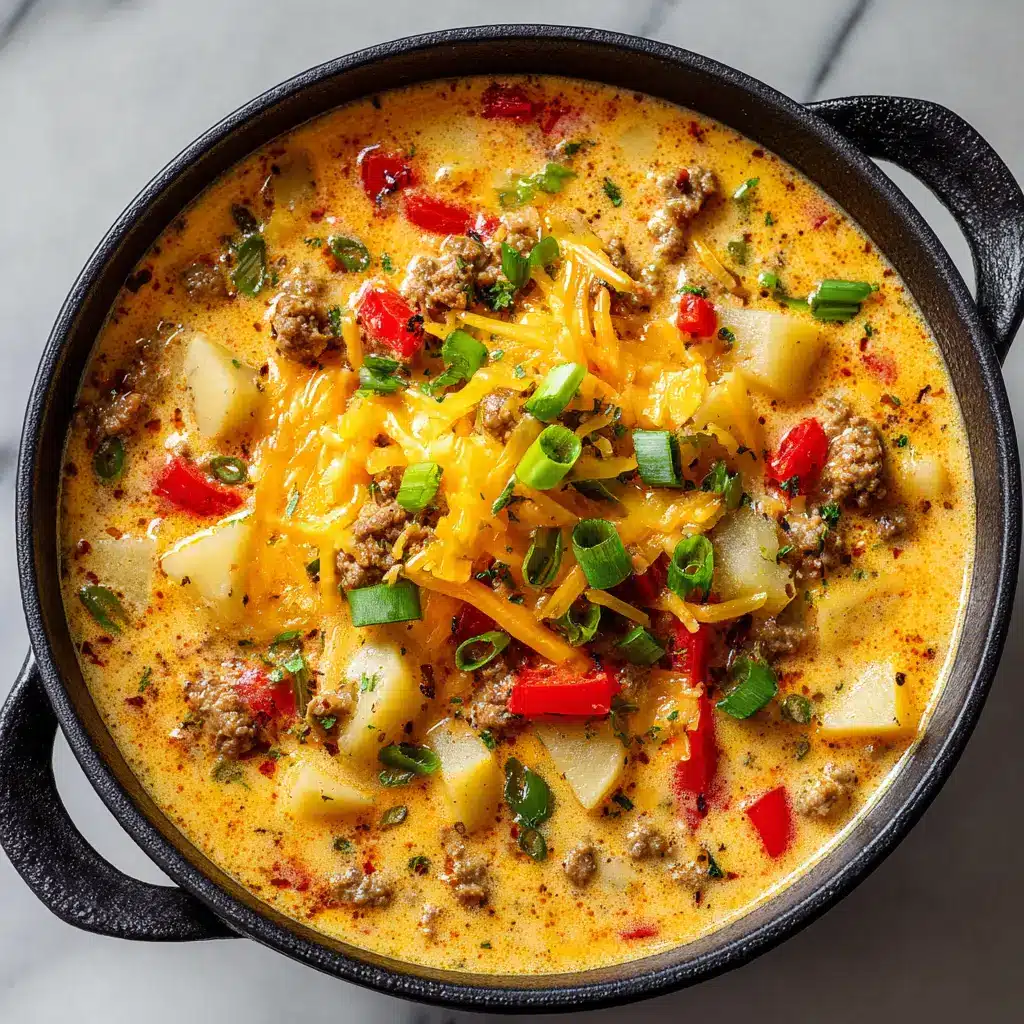 Close-up of a spoonful of creamy Cheeseburger Soup highlighting the thick orange-yellow cheddar broth and diced potatoes.