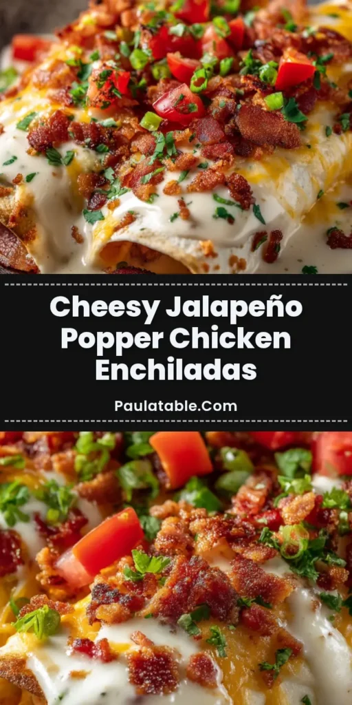 A rustic grey ceramic plate holding Jalapeno Popper Chicken Enchiladas covered in thick white cheese sauce, melted cheddar, crispy bacon, and fresh tomatoes.