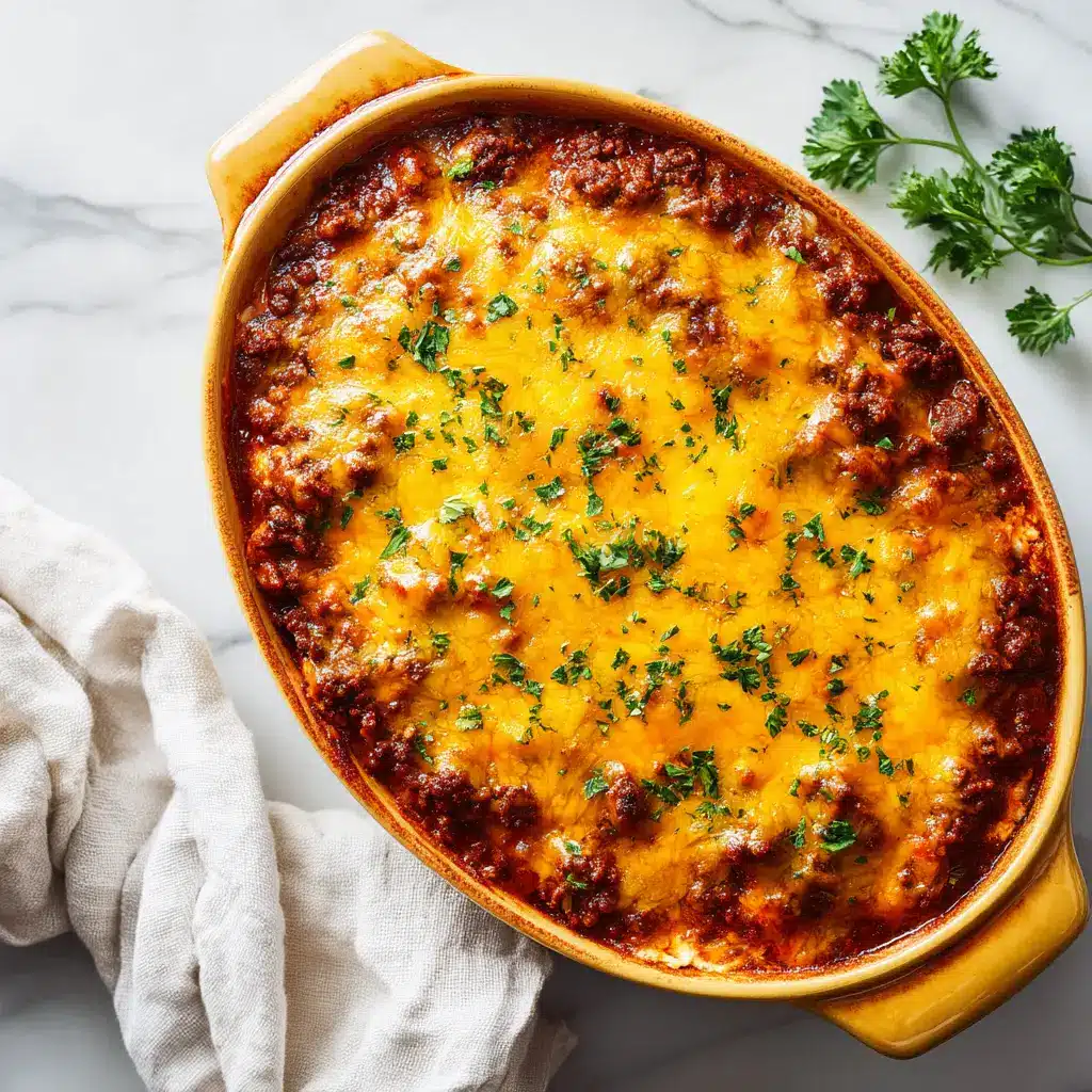 Close up ultra-realistic shot of bubbling golden-orange cheddar cheese melting over seasoned ground beef casserole.