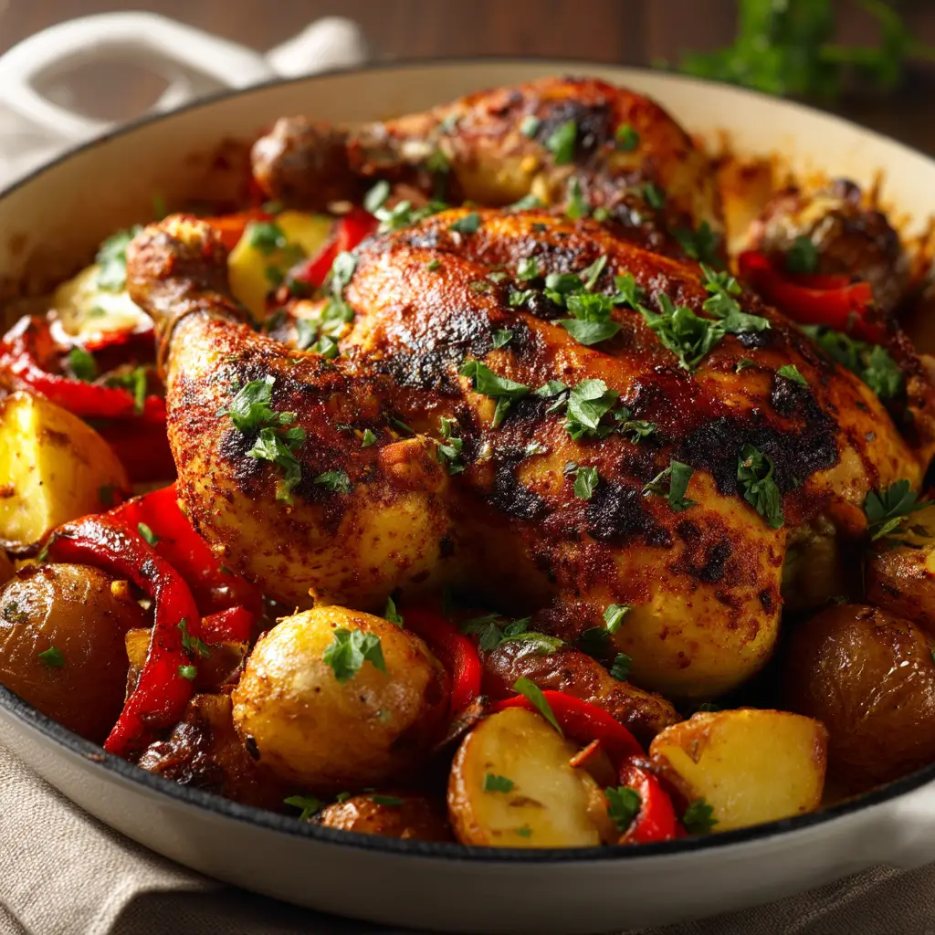Hyper-realistic detail of crispy, golden-brown chicken skin seasoned with smoked paprika alongside roasted vegetables.
