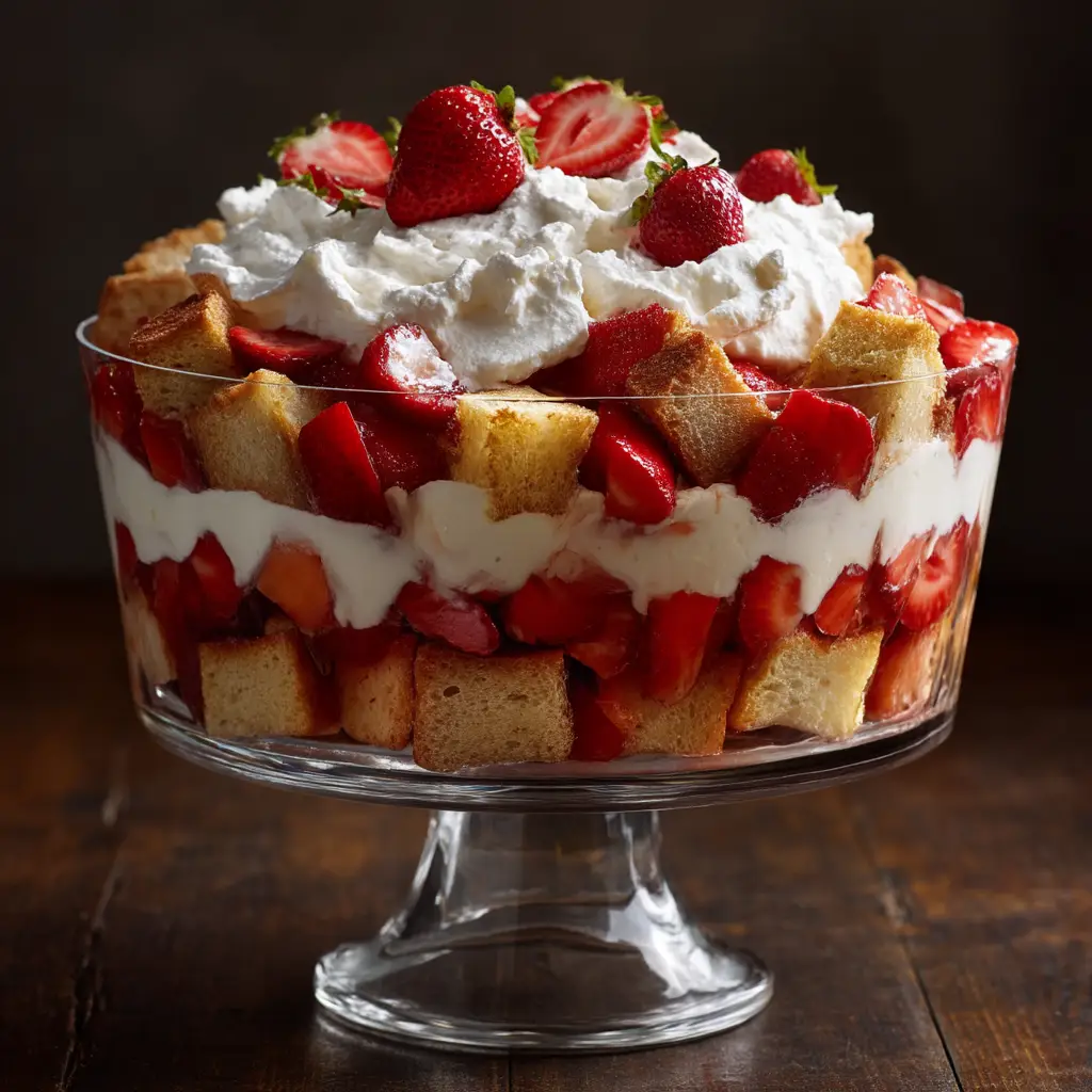 Top down view of a Strawberry Trifle generously covered with billowy whipped cream and garnished with fresh whole and sliced strawberries.