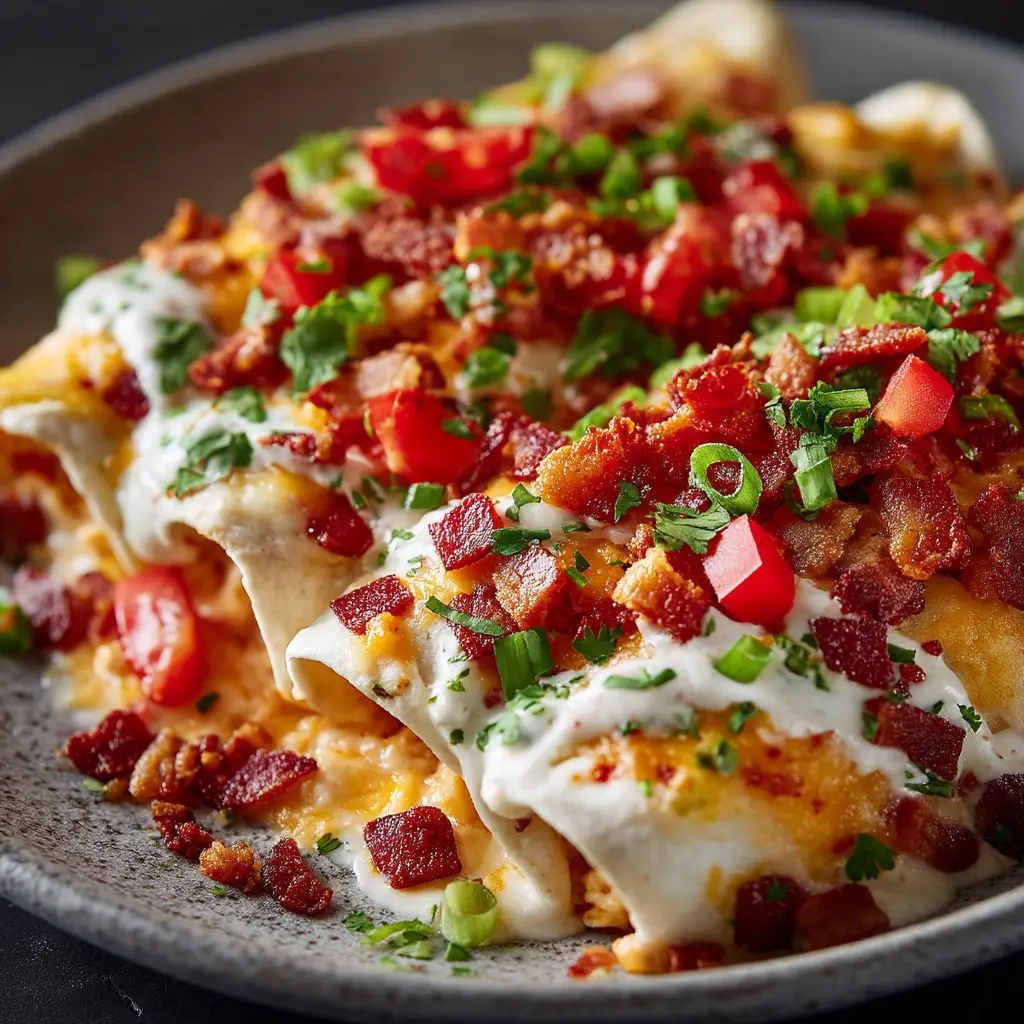 Photorealistic food photography of savory enchiladas garnished with green onions, cilantro, and diced red tomatoes.