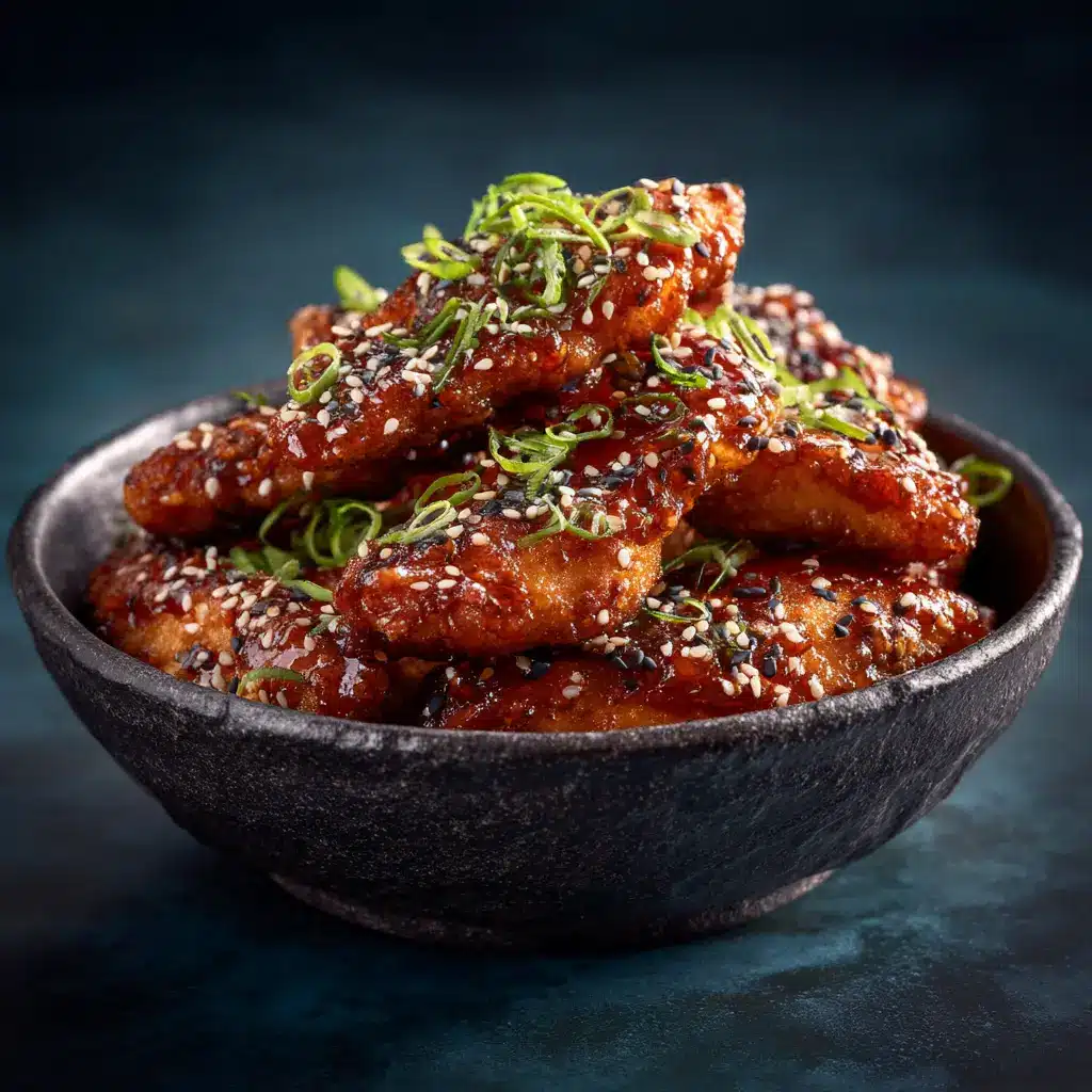 Irresistible Glistening Korean Chicken Breasts 2 Macro shot of glistening Korean glazed chicken breast tenders showing specular highlights on the savory sauce.