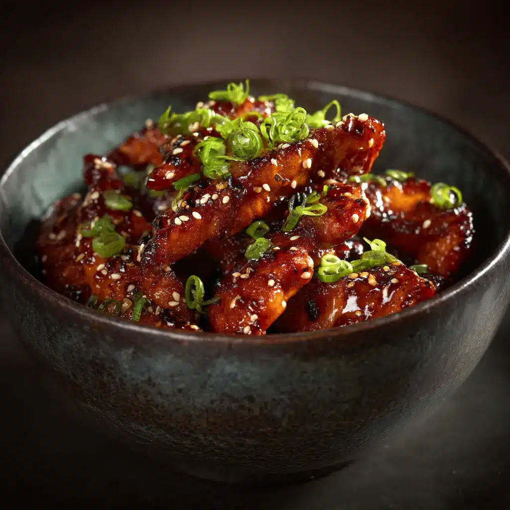 Irresistible Glistening Korean Chicken Breasts 1 Appetizing dark and moody food photography of sticky Korean Chicken Breasts garnished with sesame and scallions.