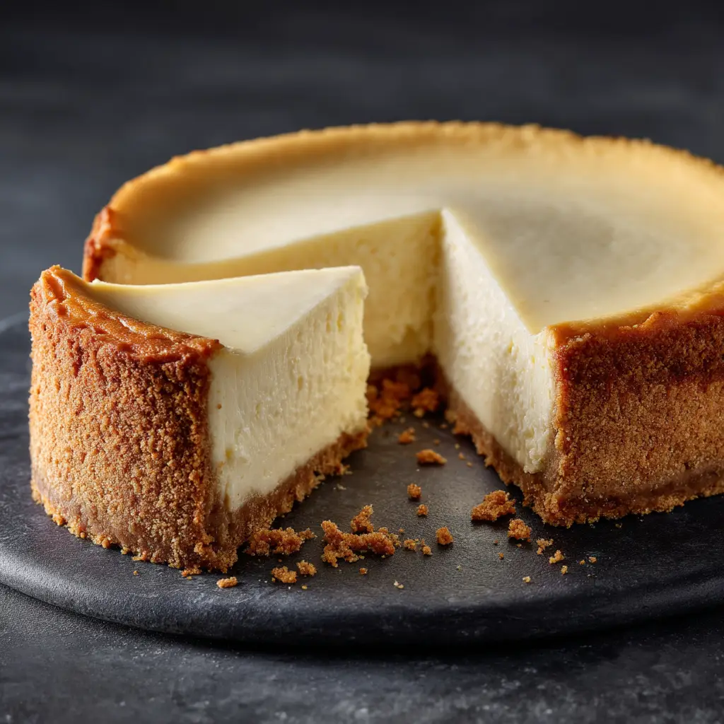 Close-up detailing the crumbly texture of the golden-brown graham cracker crust and the rich density of the cream cheese filling.