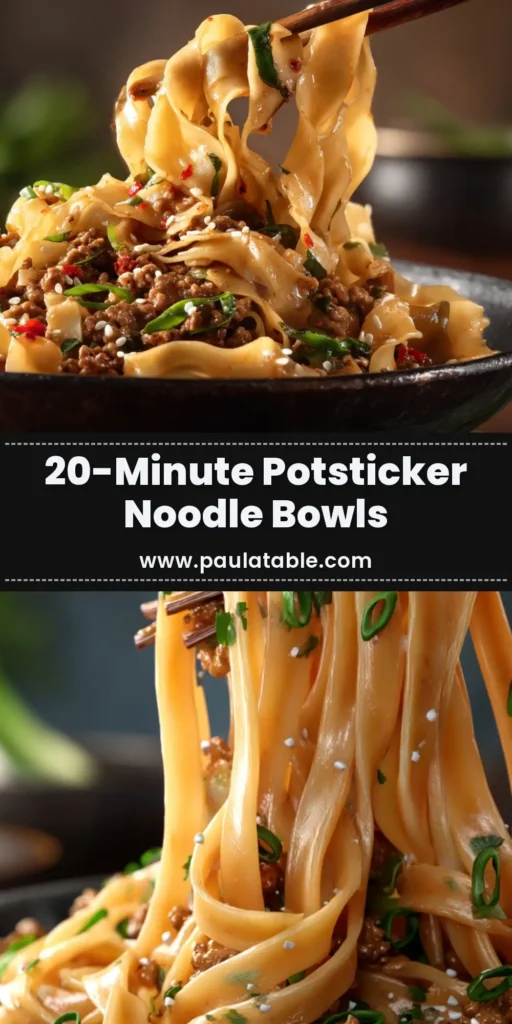 Extreme close-up of wide, saucy noodles being lifted from a dark bowl with chopsticks, featuring savory ground pork, sesame seeds, and chopped chives.