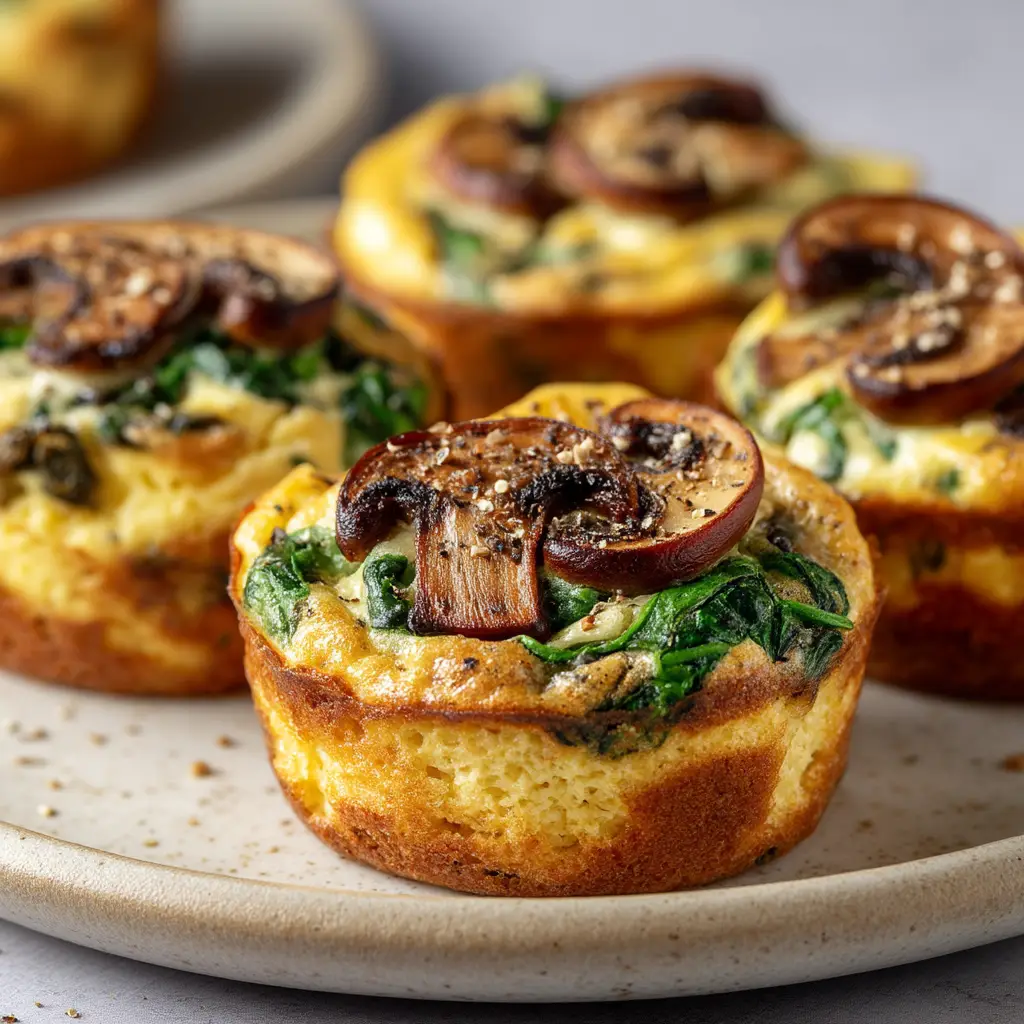 Pouring frothy egg custard over spinach, mushrooms, and Gruyère cheese in a muffin tin.