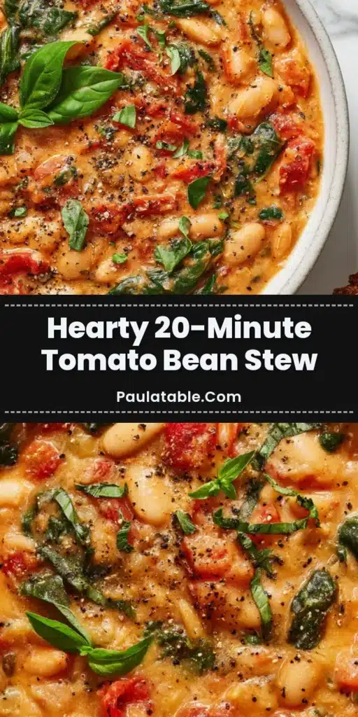 A close-up, top-down photograph of a hearty tomato and white bean stew in a rustic white ceramic bowl, garnished with fresh basil.