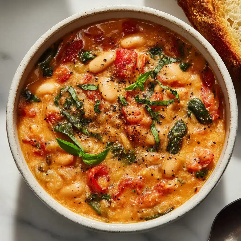 Top-down view of tomato white bean stew with wilted spinach, set on a white marble surface with a piece of crusty bread.