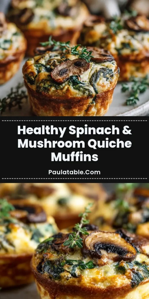 Extreme close-up of a golden-brown baked spinach and mushroom quiche muffin on a light ceramic plate, garnished with fresh thyme.