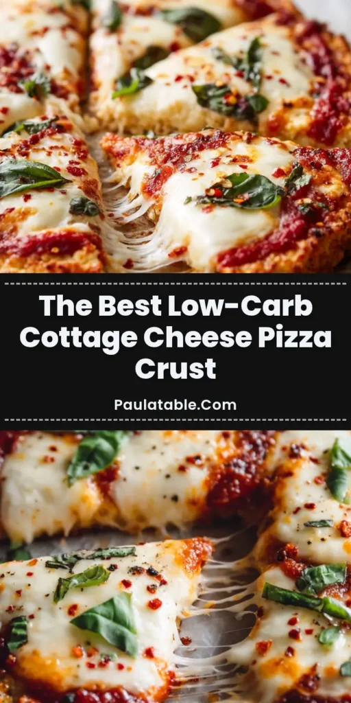 A close up view of a sliced cottage cheese pizza crust topped with melted mozzarella, fresh basil, and red pepper flakes, with one slice being pulled away to show a cheese pull.