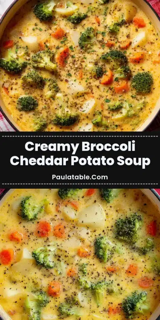 Overhead top-down shot of a rich and creamy cheesy Broccoli Potato Soup in a vibrant red dutch oven on a white marble surface.