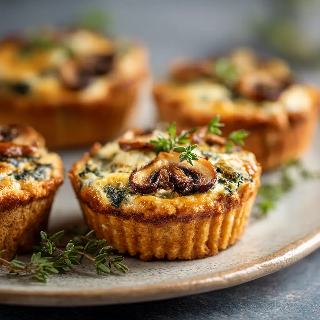 A deliciously inviting golden-brown baked quiche muffin sitting on a rustic light-colored ceramic plate with soft morning light.