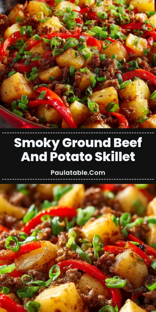 Extreme close-up of a hearty Smoky Ground Beef and Potatoes skillet in a vibrant red enameled cast iron pan with red bell pepper strips and freshly chopped green onions.