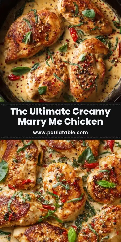 The Ultimate Marry Me Chicken Recipe (Skillet Cream Sauce) 4 Overhead shot of a rustic black cast iron skillet filled with creamy Marry Me Chicken Recipe, garnished with basil and chili flakes.