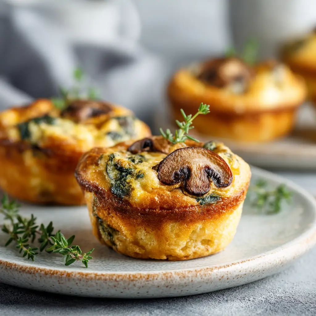 Multiple golden-brown spinach and mushroom quiche muffins shown in soft focus with fresh thyme garnish.