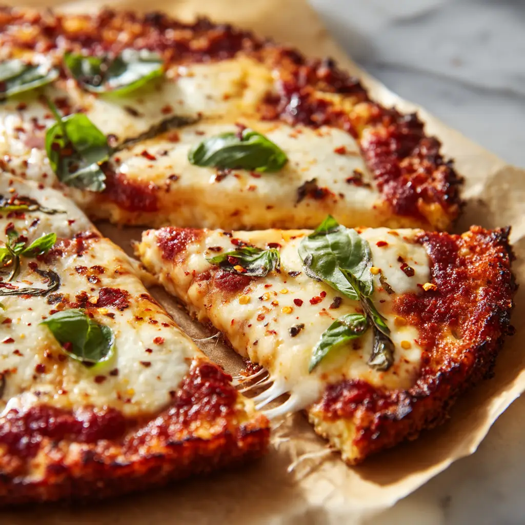 Close up photo of a cottage cheese pizza crust slice being pulled away, showing a massive melted mozzarella cheese pull.