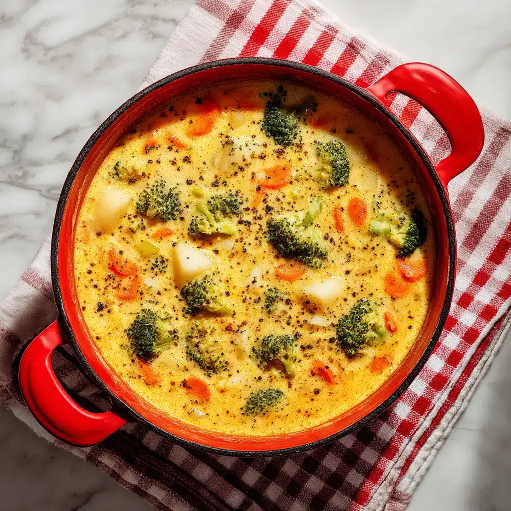 Ultra detailed shot of yellow-orange cheesy broccoli potato soup sprinkled with black pepper on a checkered kitchen towel.