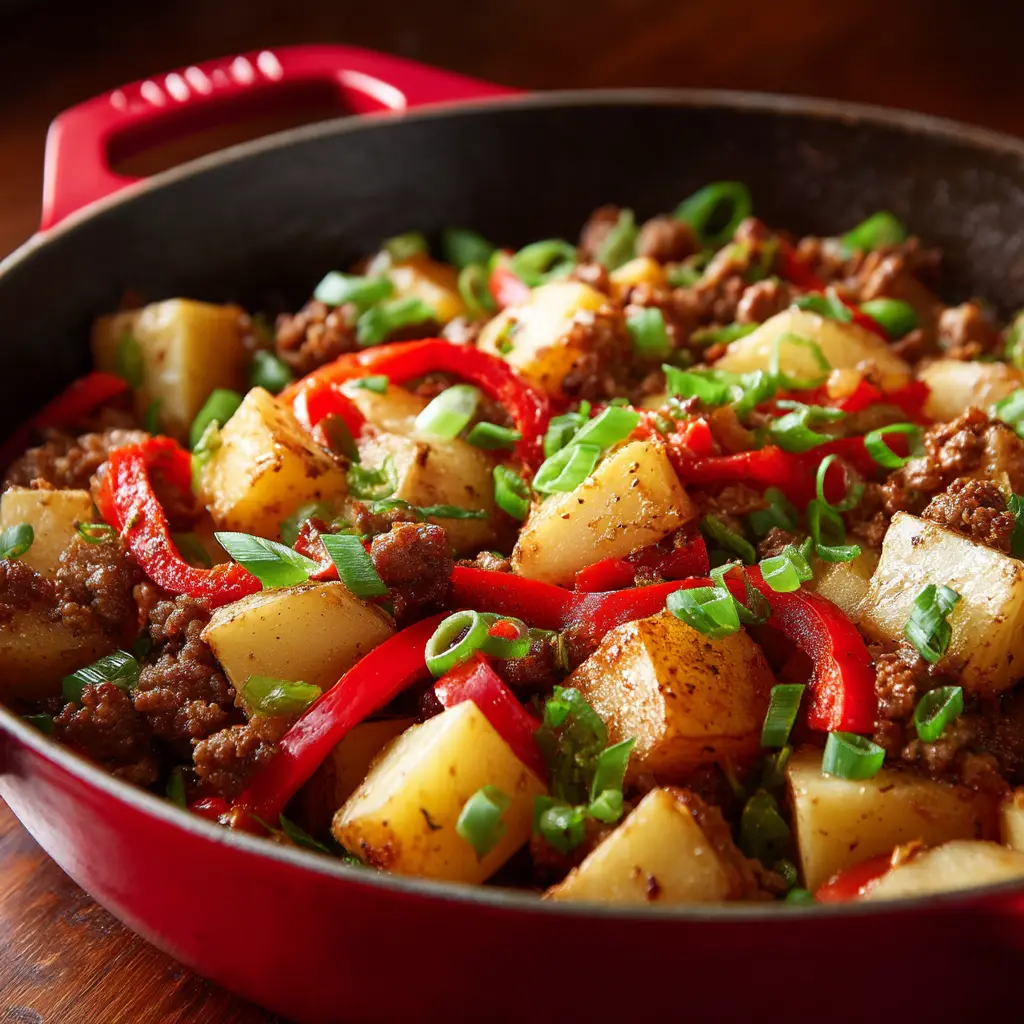 A shallow depth of field shot highlighting strips of red bell pepper and chopped green onions over a ground beef hash.