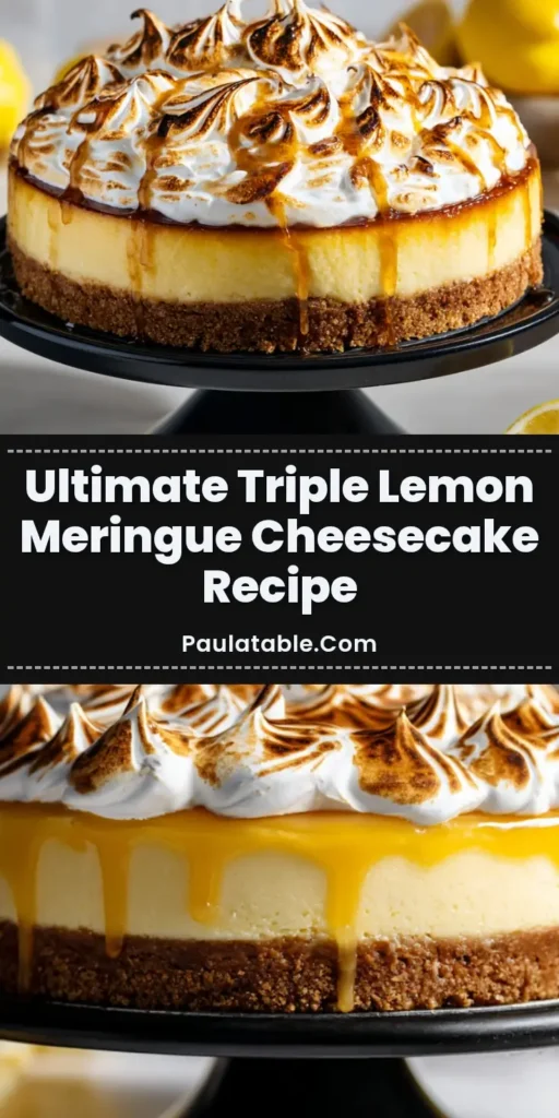 A stunning whole triple lemon meringue cheesecake with golden torched peaks and a glossy lemon glaze, presented on a black cake stand.