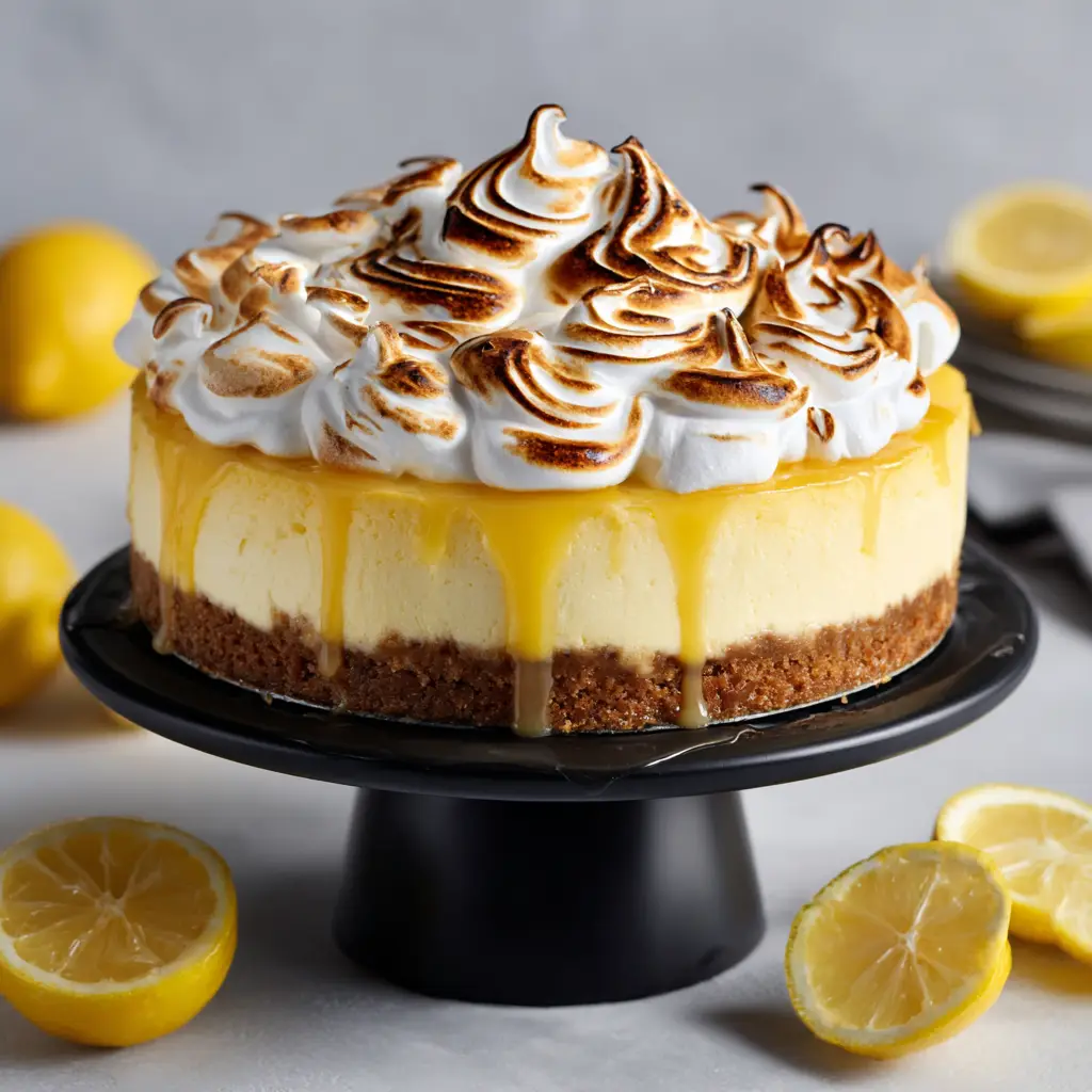 A close-up of the triple lemon meringue cheesecake showcasing the thick graham cracker crust, vibrant yellow lemon curd filling, and swirled meringue.