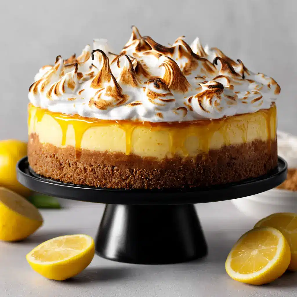 Fresh whole lemons and lemon slices scattered around a gorgeous lemon meringue cheesecake resting on a sleek black stand.