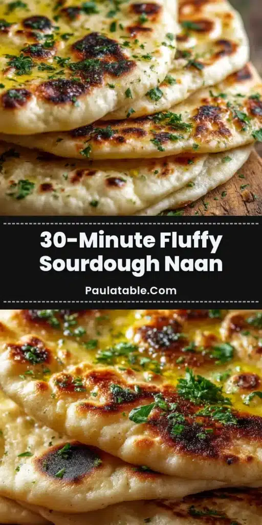 A stack of fluffy sourdough discard naan glistening with butter and fresh parsley on a wooden board.