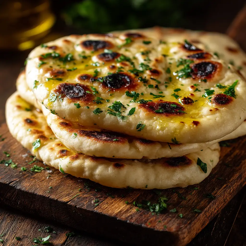 Rustic display of warm sourdough discard naan sprinkled with parsley.
