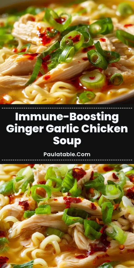 A steaming bowl of Immune-Boosting Ginger Garlic Chicken Noodle Soup featuring curly ramen noodles, glistening golden broth, sliced green onions, and red chili oil.
