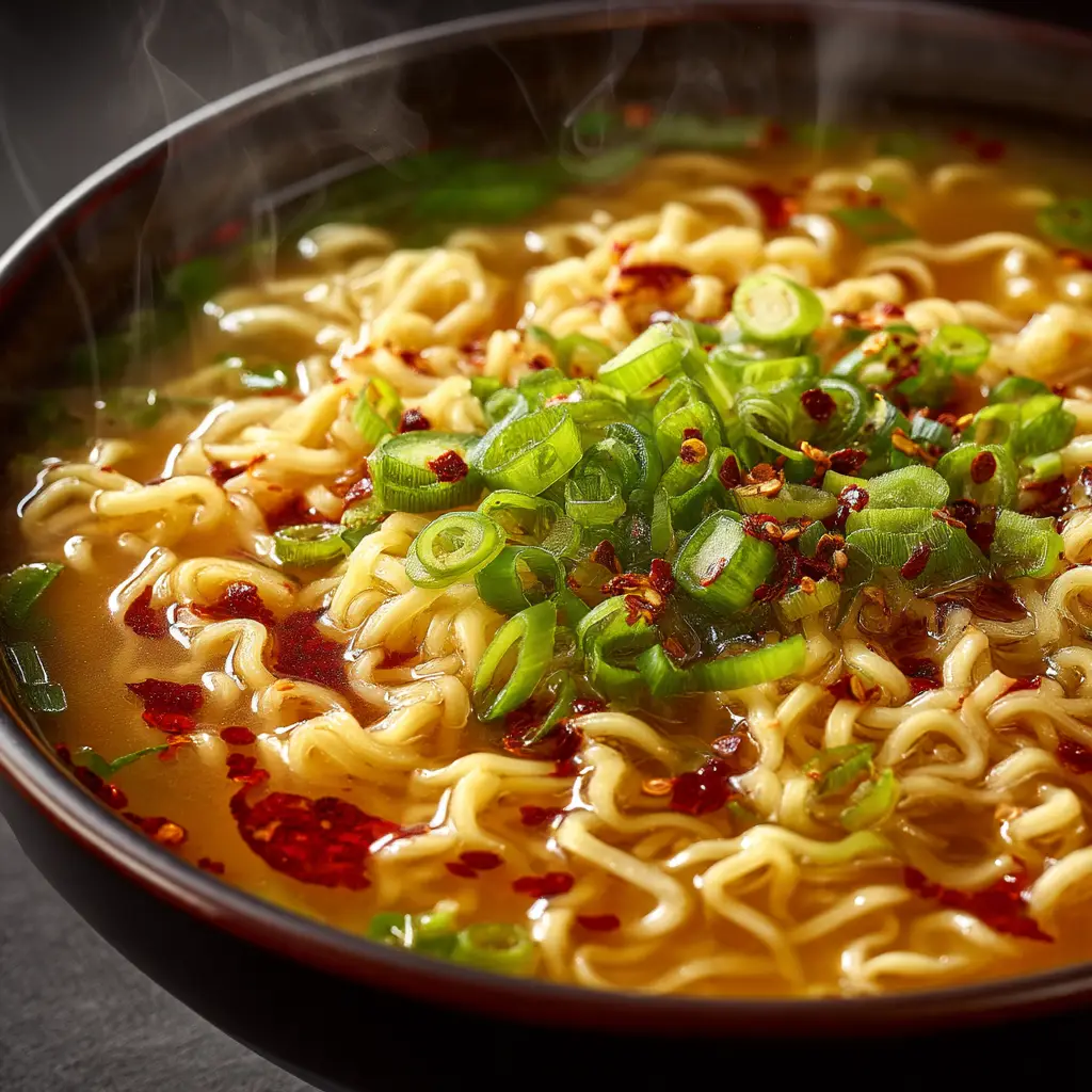 A beautiful bowl of chicken ramen topped with fresh scallions and a spicy red chili oil drizzle.