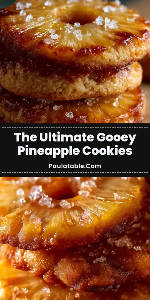 A close-up vertical stack of freshly baked Gooey Pineapple Upside Down Cookies with caramelized edges, resting on brown parchment paper.