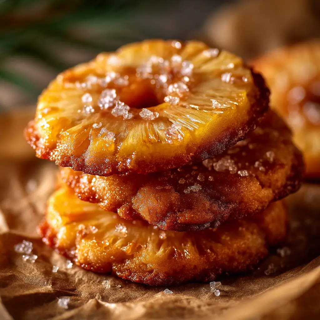 Three hyperrealistic Gooey Pineapple Upside Down Cookies stacked on rustic brown parchment paper, illuminated by warm side lighting.