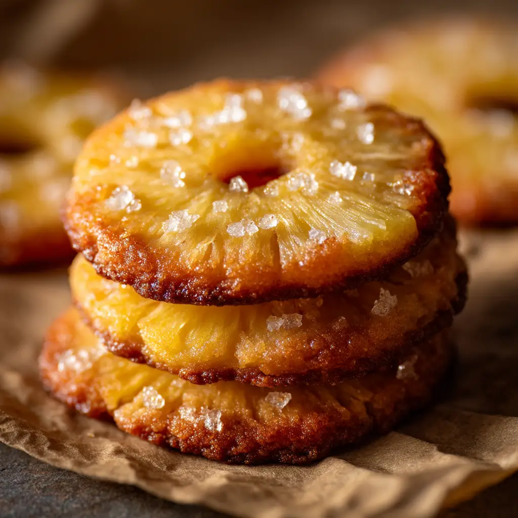 A detailed texture shot of a baked pineapple upside down cookie showing the bubbling brown sugar glaze and soft sugar cookie crumb.
