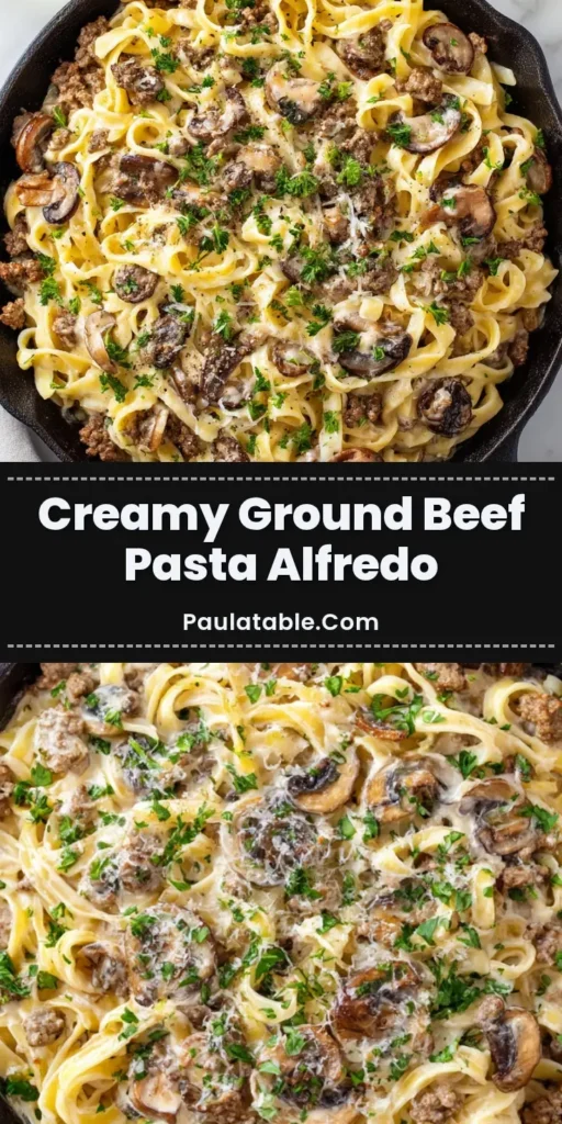 Close-up overhead shot of creamy fettuccine alfredo with browned ground beef and sauteed mushrooms in a rustic black cast-iron skillet, generously garnished with fresh chopped parsley.