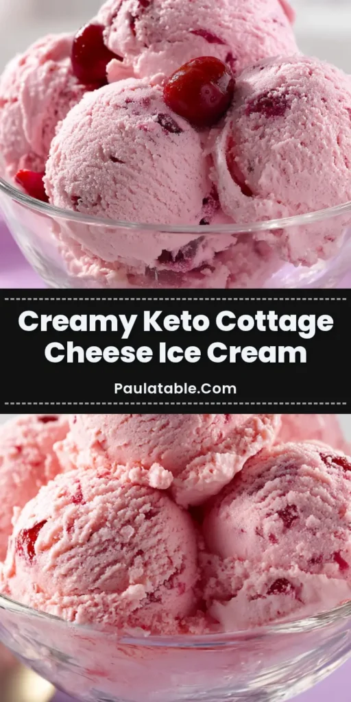 Several large scoops of light pink Keto Cottage Cheese Ice Cream with cherry chunks piled high in a clear glass dessert bowl on a clean white surface with a soft purple napkin.