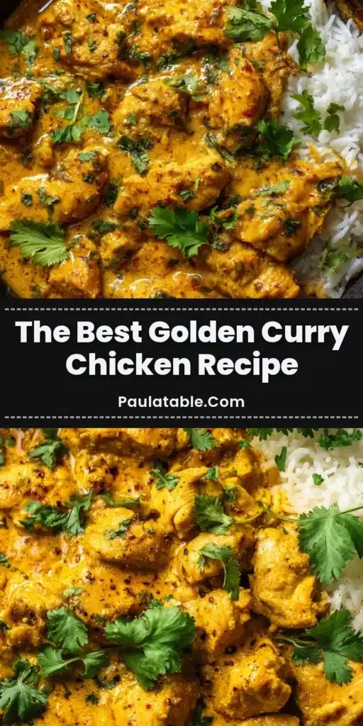 A dark rustic cast iron skillet filled with a vibrant golden-orange Curry Chicken Recipe, topped with green cilantro.