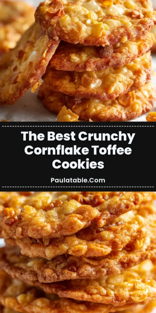 A beautiful stack of freshly baked Crunchy Cornflake Toffee Cookies resting on white crumpled parchment paper, showcasing golden brown edges and glistening toffee.
