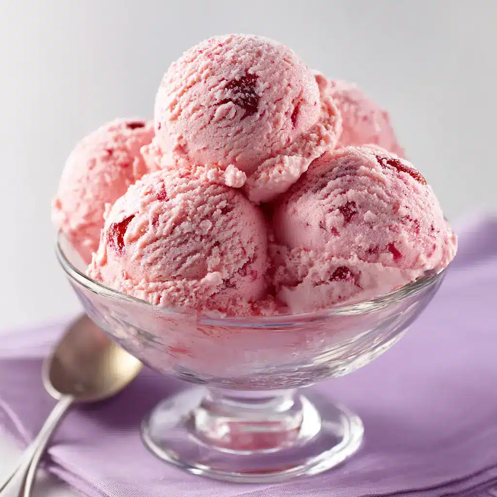 Macro shot from an elevated angle showing photorealistic glistening texture of strawberry cherry cottage cheese ice cream.