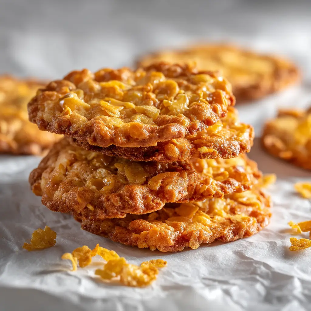 Macro shot of golden brown Crunchy Cornflake Toffee Cookies with a highly textured, bumpy surface from toasted cornflakes and melted toffee bits.