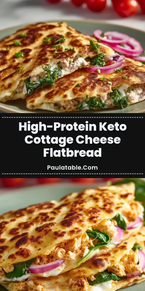 Keto Cottage Cheese Flatbread: The Ultimate Crispy, High-Protein Wrap 4 A perfectly folded Keto Cottage Cheese Flatbread filled with fresh spinach, tuna salad, and sliced red onions, showing a crispy, bubbly crust.