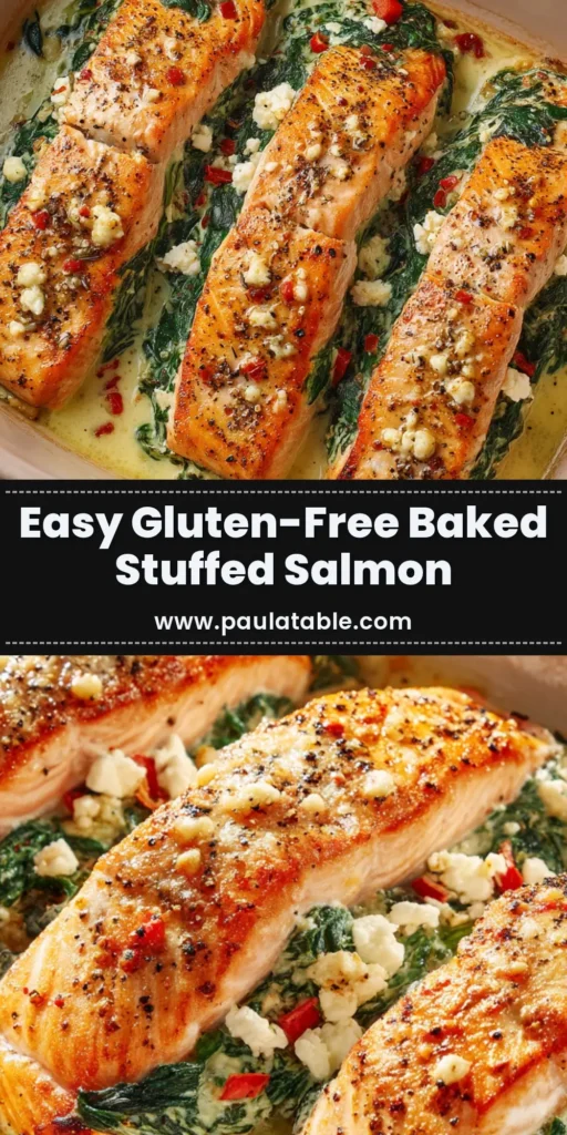 Gluten-Free Baked Stuffed Salmon with Feta and Spinach 3 Top-down view of perfectly cooked Gluten-Free Baked Stuffed Salmon with a golden crust, packed with spinach, feta, and red peppers in a pink ceramic dish.
