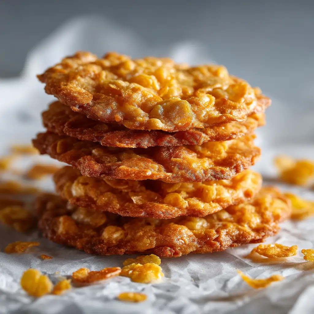 Close-up of Crunchy Cornflake Toffee Cookies scattered with loose cornflakes and toffee bits on white parchment under bright natural lighting.