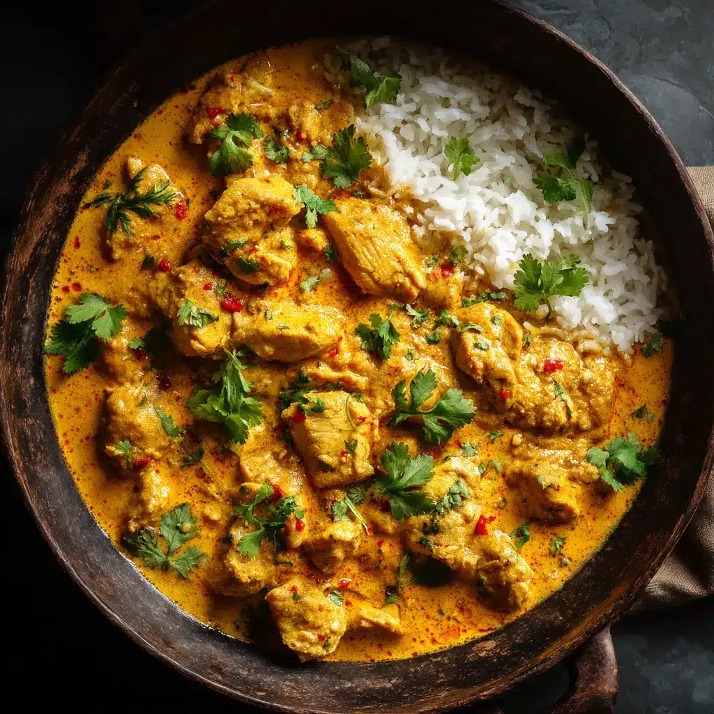 Close-up photorealistic detail of vibrant golden-orange curry sauce garnished with bright green fresh cilantro leaves.