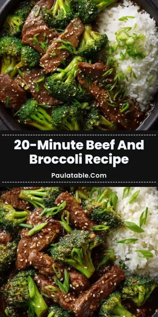 Close-up of a glossy Beef and Broccoli Recipe served in a dark ceramic bowl with white rice, garnished with sesame seeds and green onions.