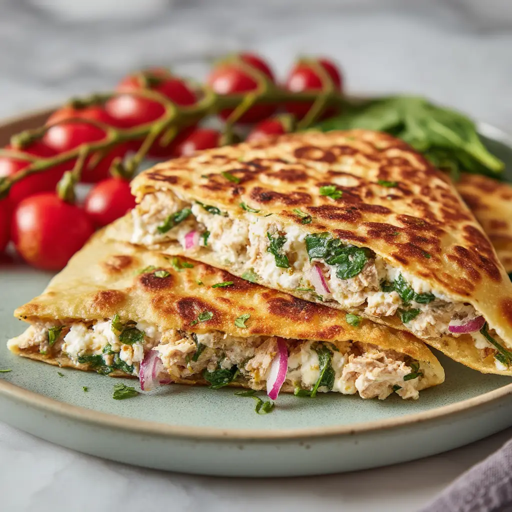 Keto Cottage Cheese Flatbread: The Ultimate Crispy, High-Protein Wrap 1 Keto Cottage Cheese Flatbread served on a muted sage green ceramic plate with vibrant red cherry tomatoes in the background.