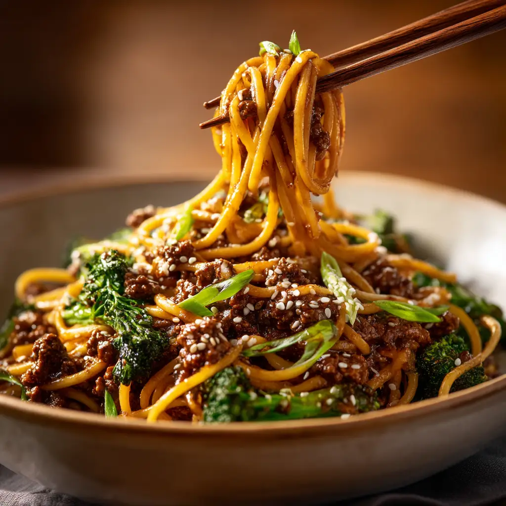 Irresistible Ground Beef And Broccoli Noodles in 20 Minutes 1 Savory ground beef crumbles and white sesame seeds garnishing a bowl of beef and broccoli noodles.