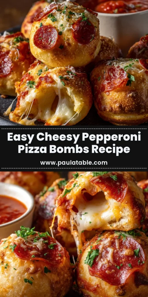 A stack of golden-brown baked pepperoni pizza bombs with a gooey mozzarella cheese pull, garnished with fresh parsley.